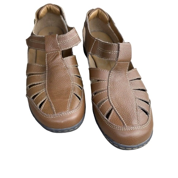 Bjorndal Womens Sz 10W Mary Janes Dark Tan Leather with Cutouts Strap Sandals - Picture 1 of 10